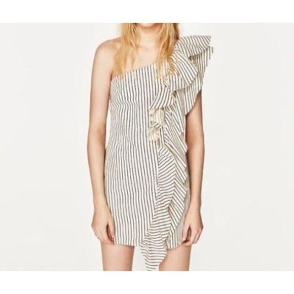 Zara Dresses & Skirts - Zara‎ Trafaluc Denim asymmetric Striped Mini dress Women's Raw Hem Sz XS